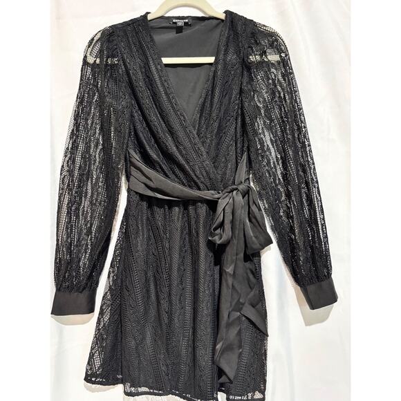 Express XS Lace Long Sleeve Tie Waist Mini Dress Black Whimsigoth‎ Witchy Fairy - Picture 2 of 10